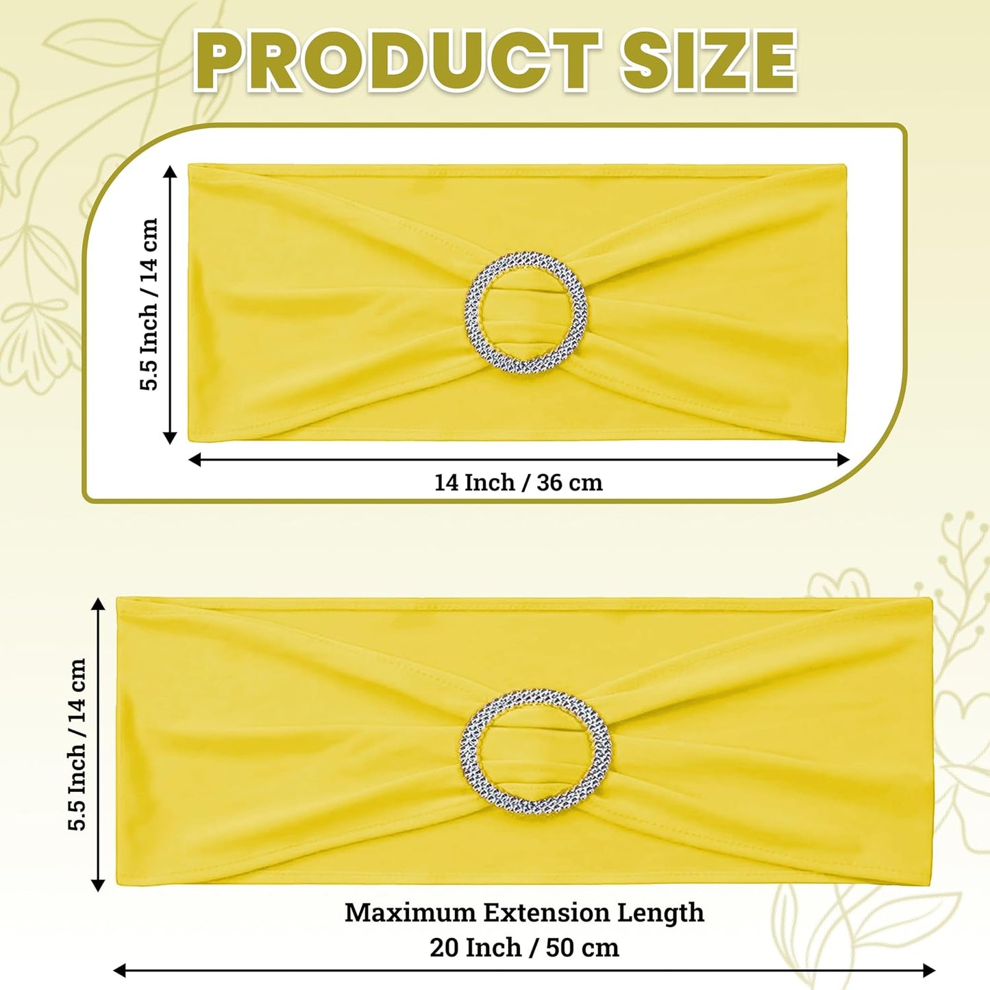 Yellow | Spandex Chair Sashes Bows | 50 PCS | Stretch Elastic Banquet Universal Folding Chair Band Tie with Silver Buckle Slider for Wedding Party Conference Celebration Event Decoration