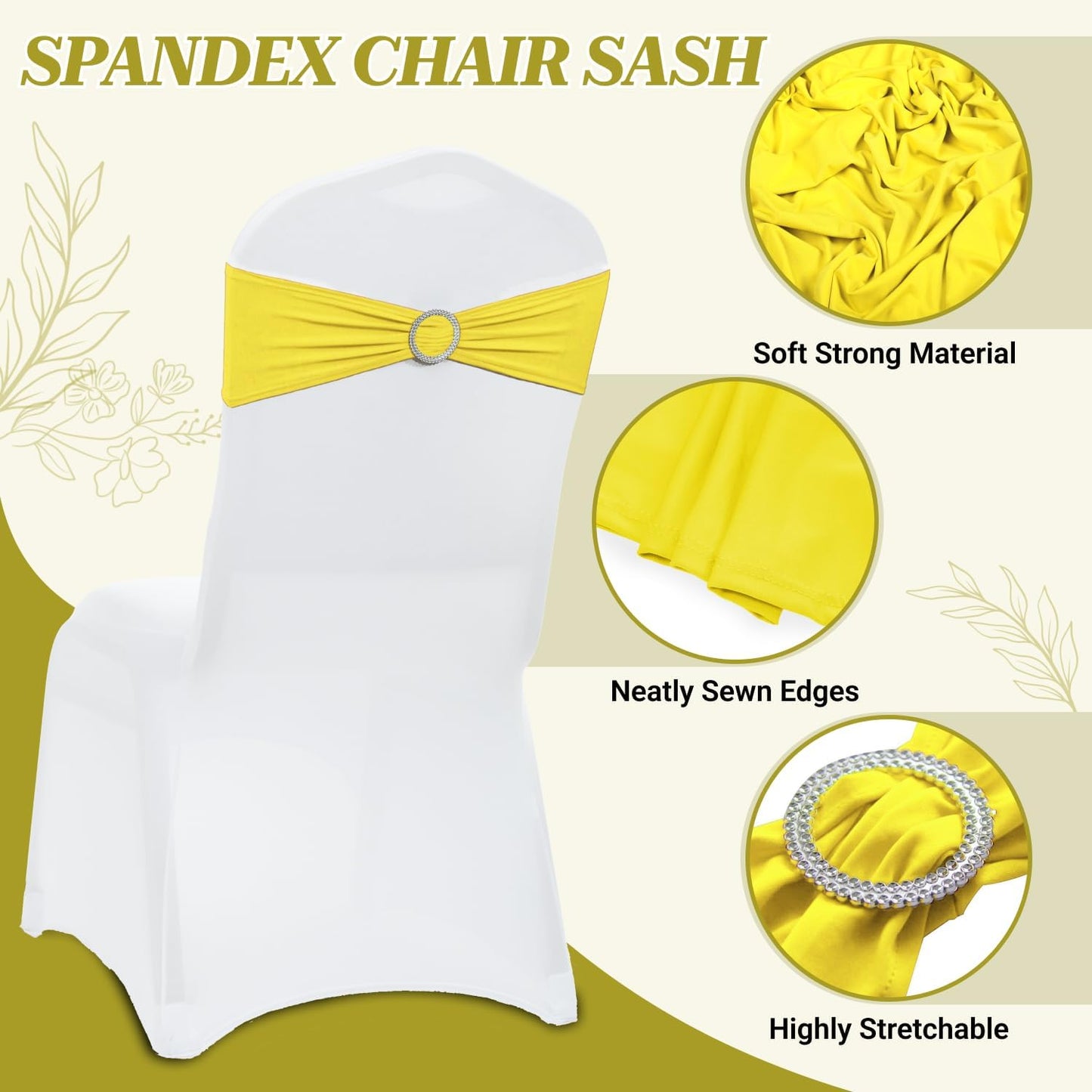 Yellow | Spandex Chair Sashes Bows | 50 PCS | Stretch Elastic Banquet Universal Folding Chair Band Tie with Silver Buckle Slider for Wedding Party Conference Celebration Event Decoration