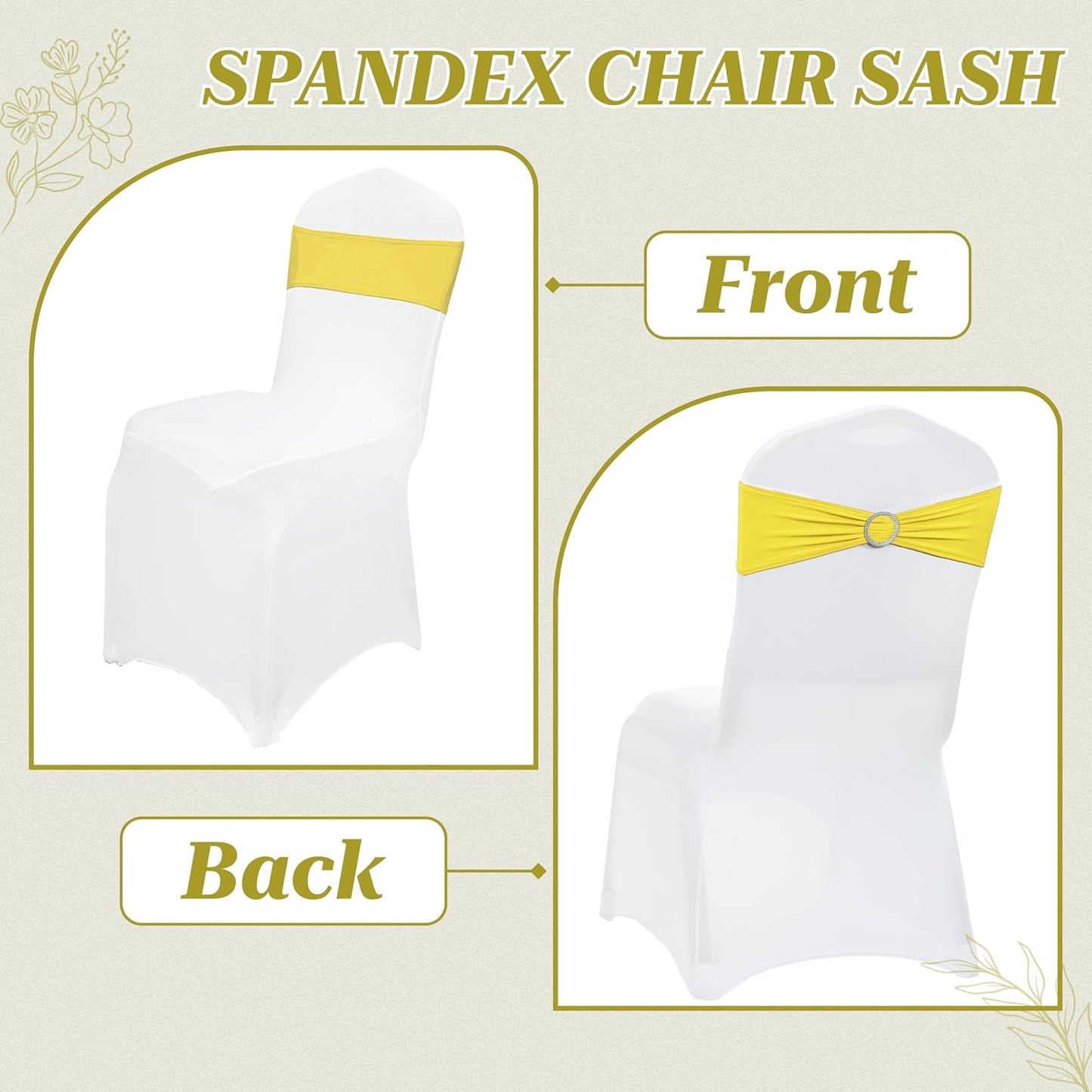 Yellow | Spandex Chair Sashes Bows | 50 PCS | Stretch Elastic Banquet Universal Folding Chair Band Tie with Silver Buckle Slider for Wedding Party Conference Celebration Event Decoration