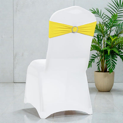 Yellow | Spandex Chair Sashes Bows | 50 PCS | Stretch Elastic Banquet Universal Folding Chair Band Tie with Silver Buckle Slider for Wedding Party Conference Celebration Event Decoration