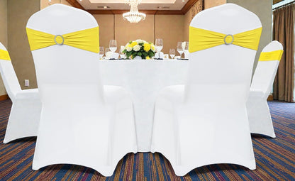 Yellow | Spandex Chair Sashes Bows | 50 PCS | Stretch Elastic Banquet Universal Folding Chair Band Tie with Silver Buckle Slider for Wedding Party Conference Celebration Event Decoration