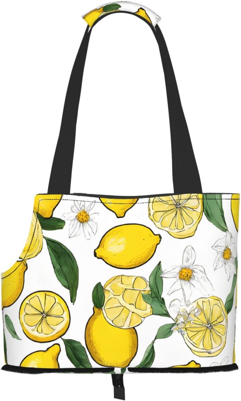 Yellow Lemons Printed Foldable Pet Bag - Portable Puppy Cat Travel Handbag Tote,Pet Carrier Backpacks., Black