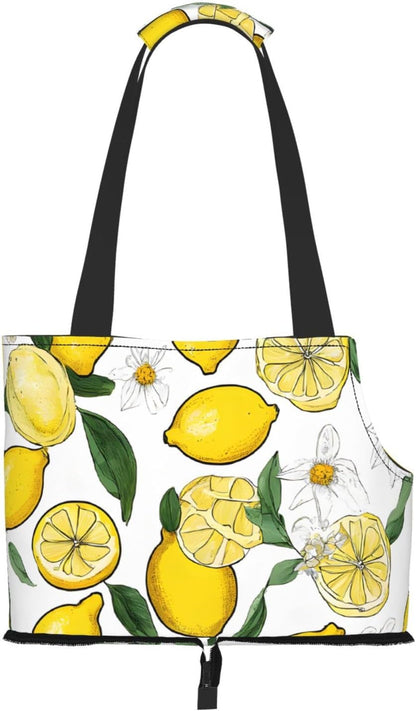 Yellow Lemons Printed Foldable Pet Bag - Portable Puppy Cat Travel Handbag Tote,Pet Carrier Backpacks., Black
