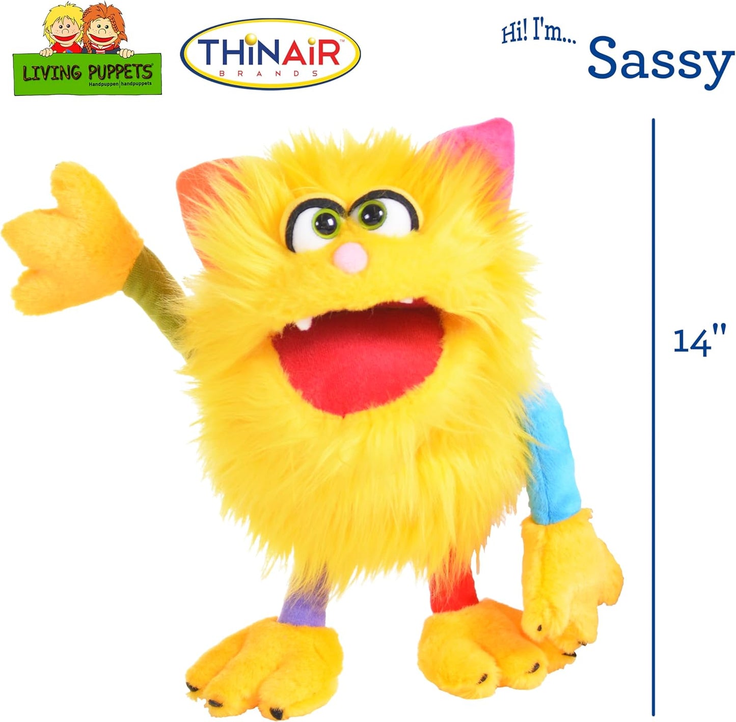 Living Puppets - Sassy the 14-Inch Yellow Friendly Monster, Plush Hand Puppet for Boys and Girls