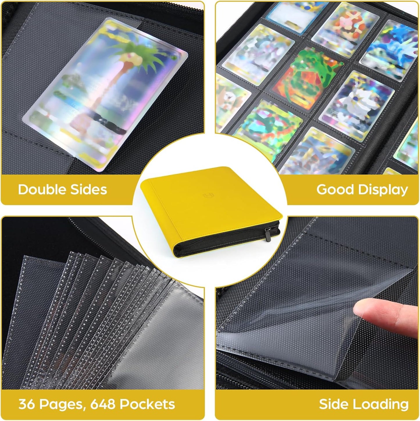 Card Binder 9 Pocket with Zipper, 648 Pockets Trading Card Holder Book, Premium PU Cover Zip Folder Binder, Side Loading Carrying Case Binder Album for TCG, MTG, Sports Cards, Game Cards