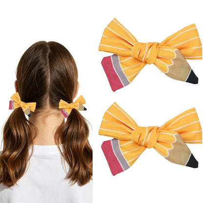 School Hair Bows Small Pencil Bow Back to School for Women 2 PCS | 3.74" x 2.75" Cute Pencil Hair Bows Clips Yellow Striped Fabric Barrettes Teacher Hair Clips Hair Bows for Women
