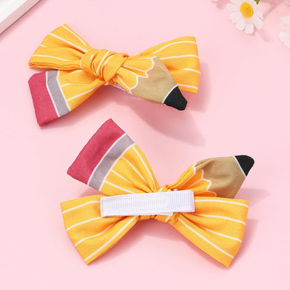 School Hair Bows Small Pencil Bow Back to School for Women 2 PCS | 3.74" x 2.75" Cute Pencil Hair Bows Clips Yellow Striped Fabric Barrettes Teacher Hair Clips Hair Bows for Women