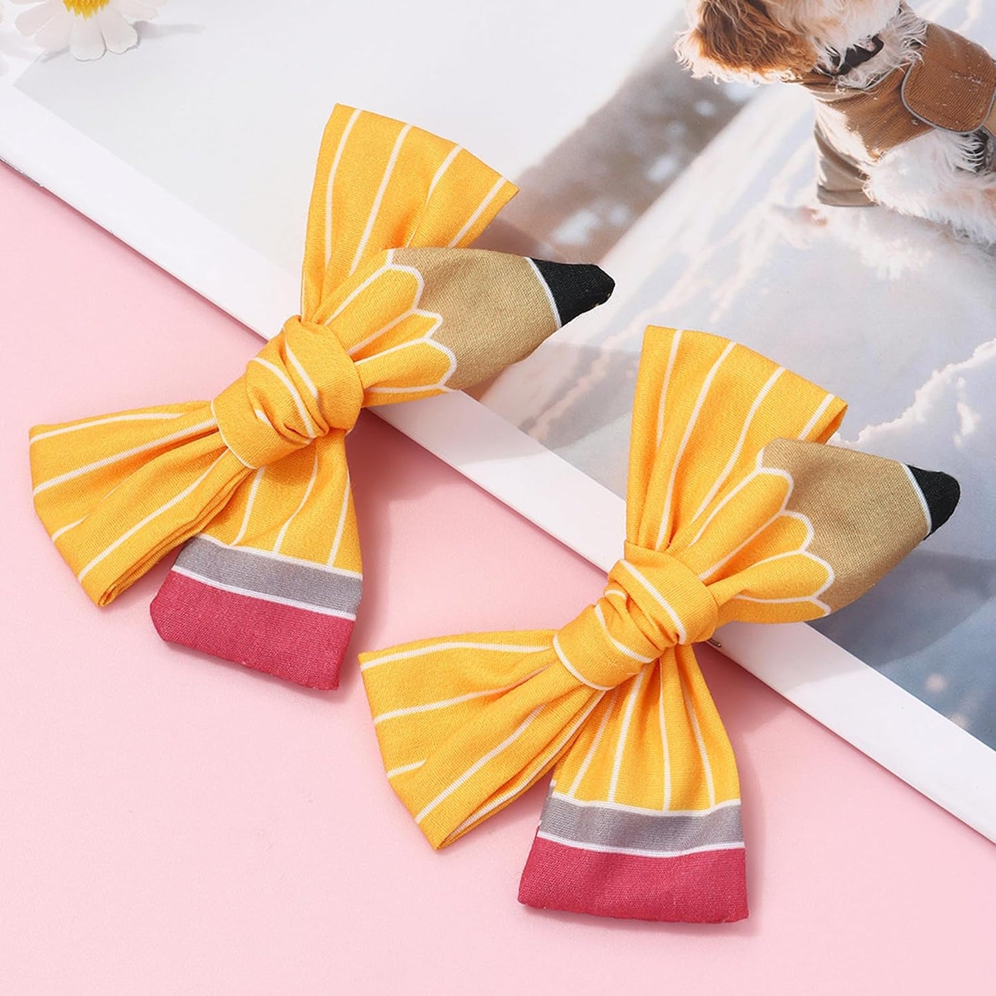 School Hair Bows Small Pencil Bow Back to School for Women 2 PCS | 3.74" x 2.75" Cute Pencil Hair Bows Clips Yellow Striped Fabric Barrettes Teacher Hair Clips Hair Bows for Women