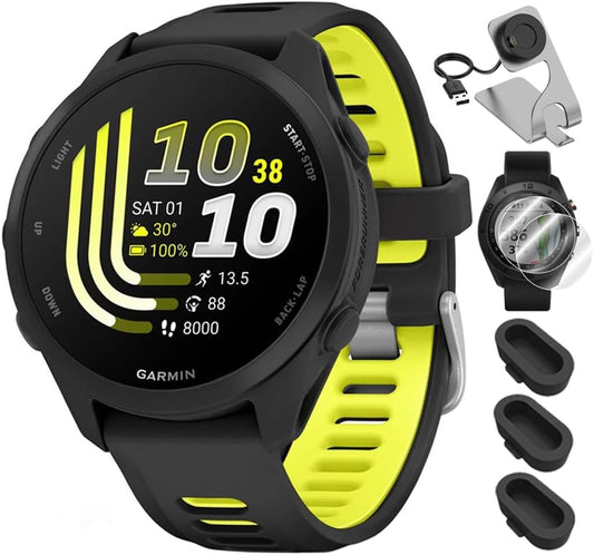 Forerunner 170 Music, 1.2" AMOLED GPS Running Watch, On-Watch Music, 10-Day Battery, Black/Amp Yellow, 010-03920-10 w/Deco Essentials Charging Dock, 2-Pack Screen Protector & 3-Pack Dust Cover