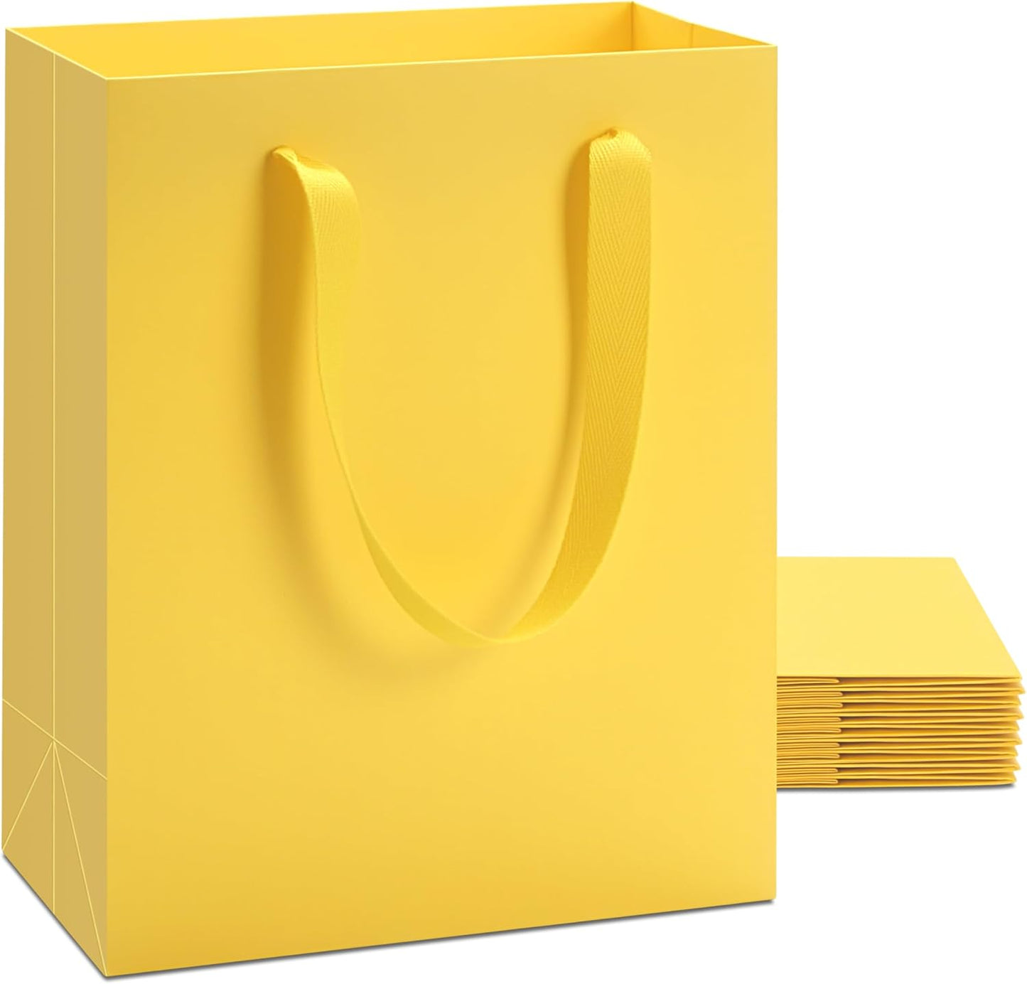 Yellow Gift Bags, 10Pcs 8"x10" Medium Gift Bags with Handles | Yellow Kraft Paper Bag, Thick Paper Bag for Party, Birthday, Botique, Retail
