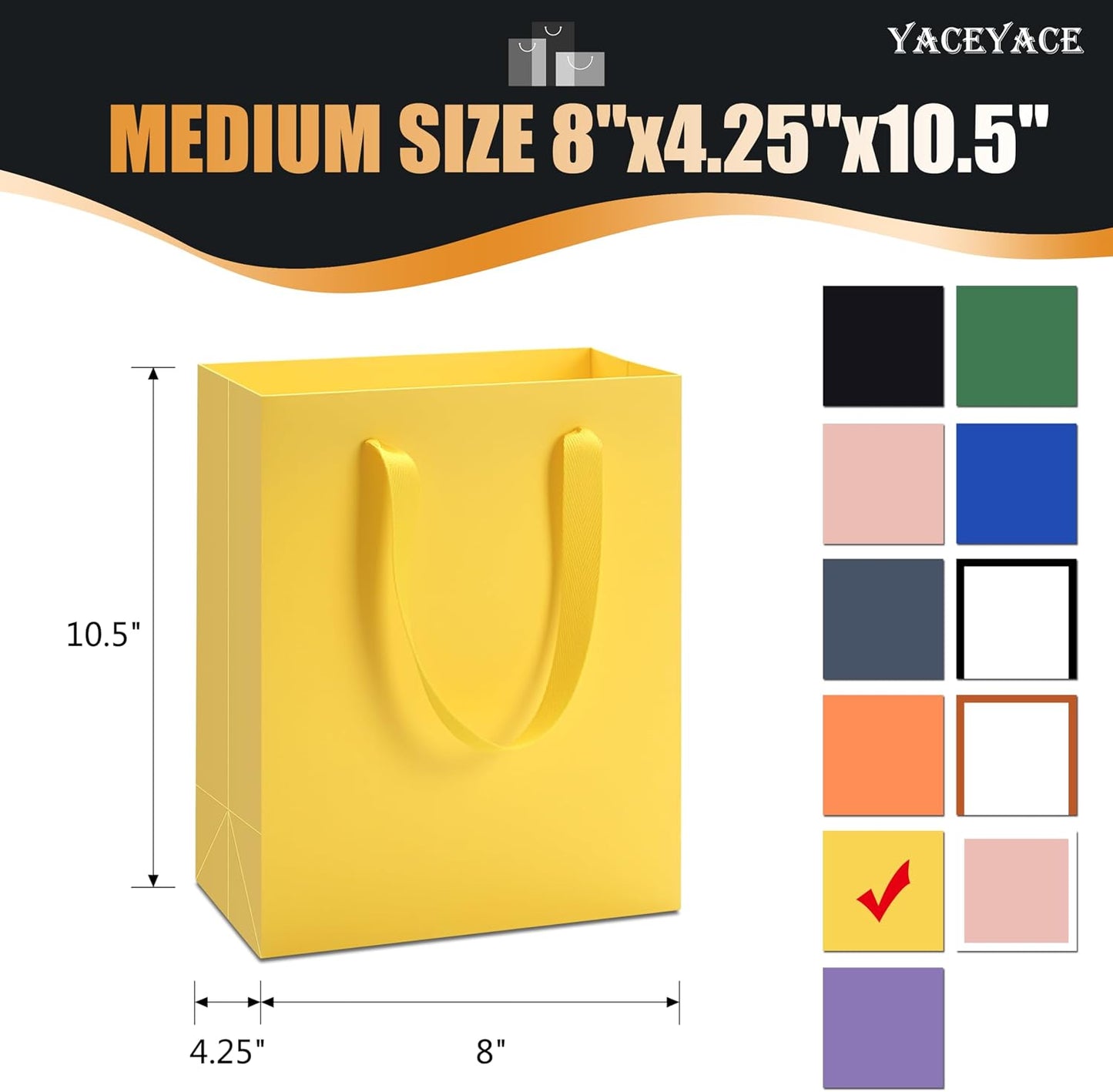 Yellow Gift Bags, 10Pcs 8"x10" Medium Gift Bags with Handles | Yellow Kraft Paper Bag, Thick Paper Bag for Party, Birthday, Botique, Retail