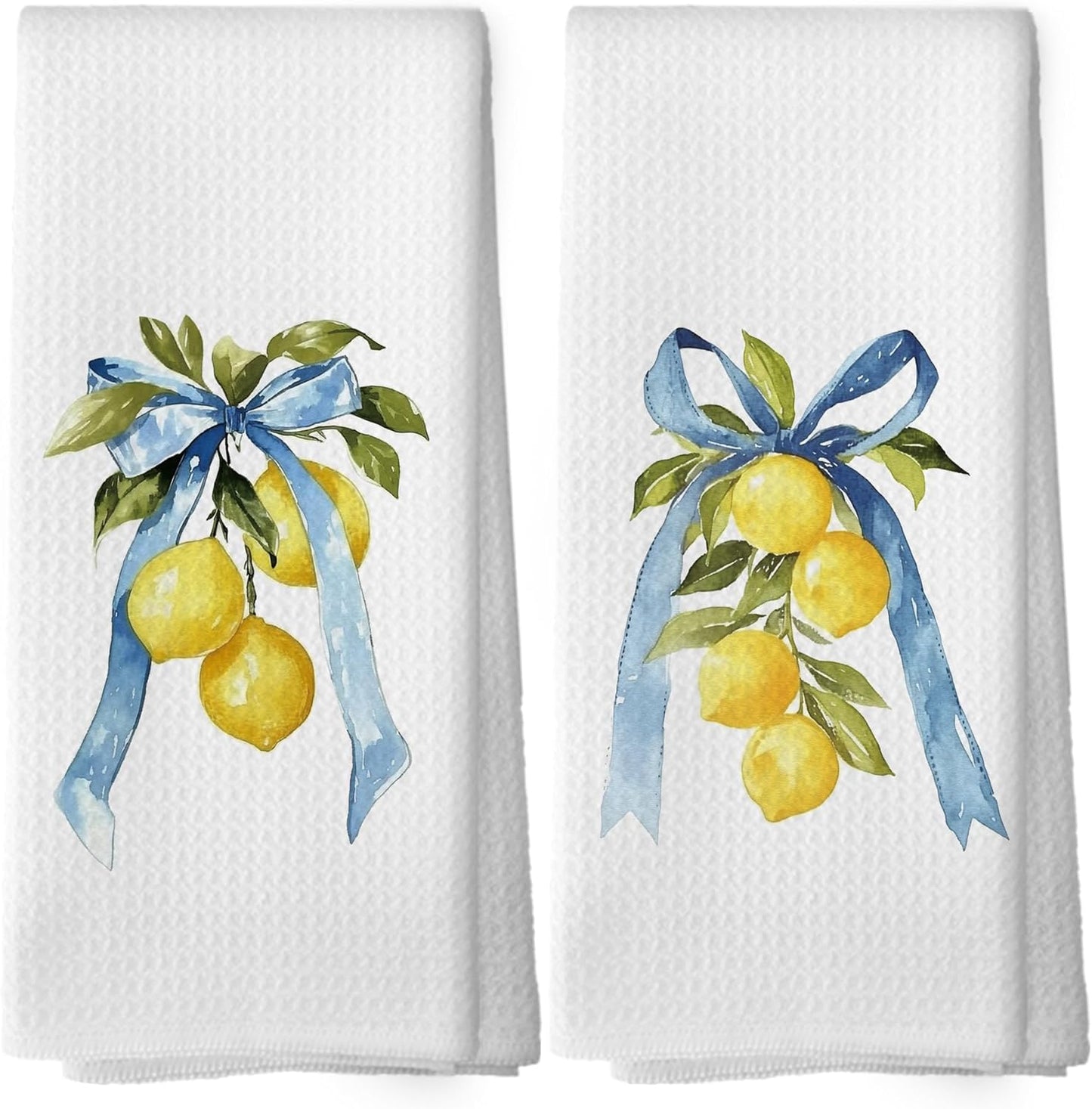 Coquette Blue Bow Yellow Lemon Kitchen Dish Towels Set of 2, Preppy Fruit Summer Spring Decor Accessories for Bathroom Home, Seasonal Hand Towels Kitchen Tea Towels Decorations, 16x24inch
