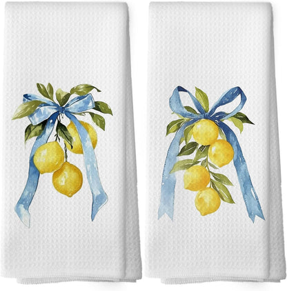 Coquette Blue Bow Yellow Lemon Kitchen Dish Towels Set of 2, Preppy Fruit Summer Spring Decor Accessories for Bathroom Home, Seasonal Hand Towels Kitchen Tea Towels Decorations, 16x24inch