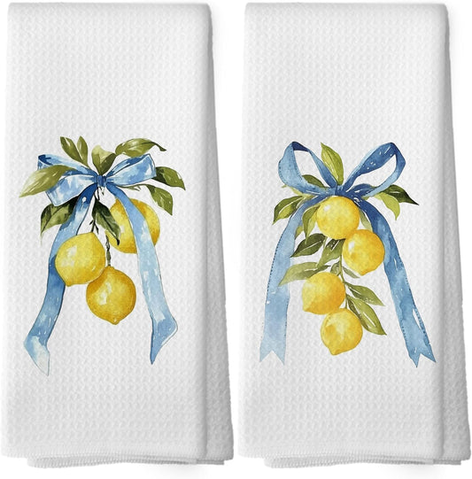 Coquette Blue Bow Yellow Lemon Kitchen Dish Towels Set of 2, Preppy Fruit Summer Spring Decor Accessories for Bathroom Home, Seasonal Hand Towels Kitchen Tea Towels Decorations, 16x24inch