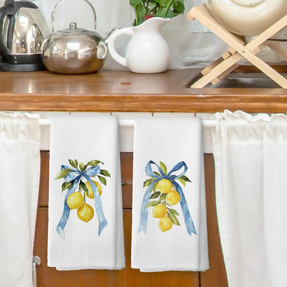 Coquette Blue Bow Yellow Lemon Kitchen Dish Towels Set of 2, Preppy Fruit Summer Spring Decor Accessories for Bathroom Home, Seasonal Hand Towels Kitchen Tea Towels Decorations, 16x24inch