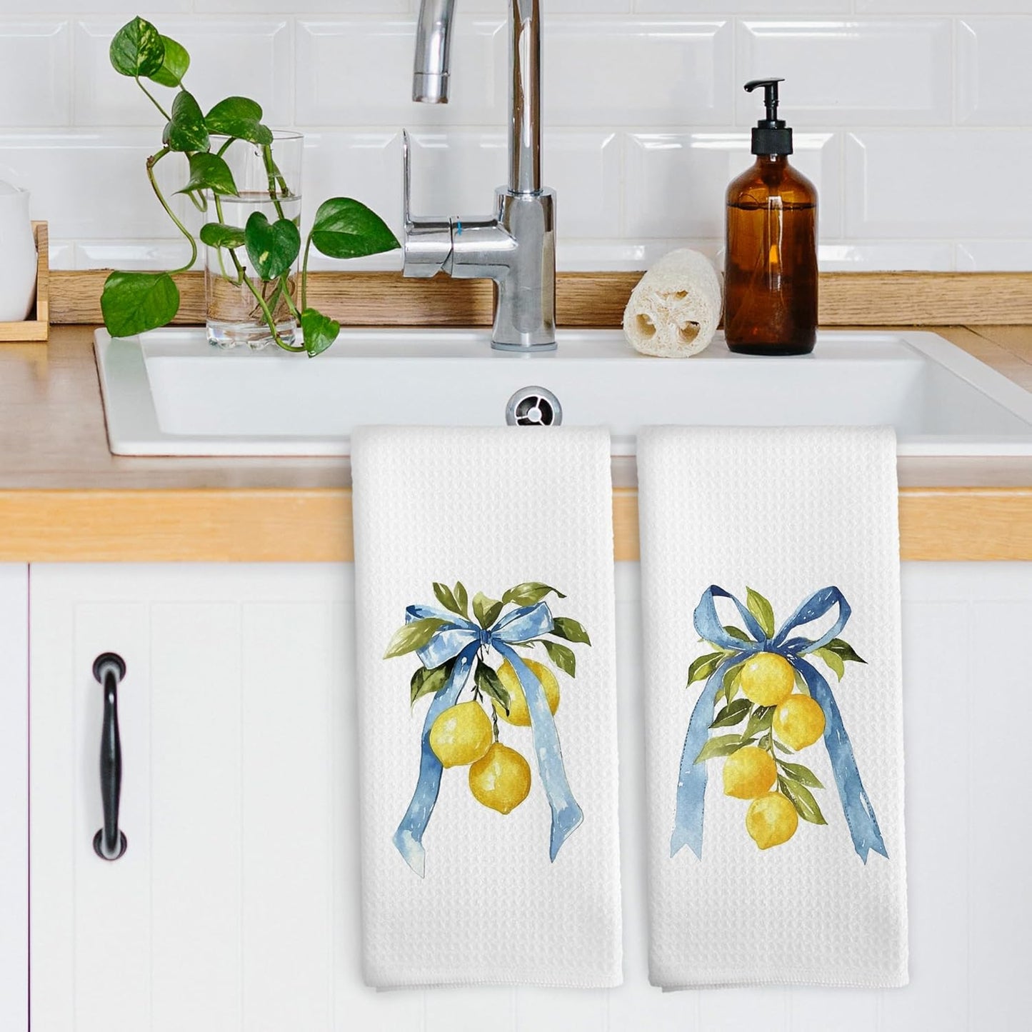 Coquette Blue Bow Yellow Lemon Kitchen Dish Towels Set of 2, Preppy Fruit Summer Spring Decor Accessories for Bathroom Home, Seasonal Hand Towels Kitchen Tea Towels Decorations, 16x24inch