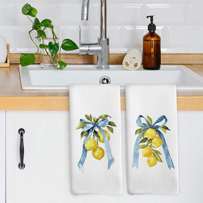 Coquette Blue Bow Yellow Lemon Kitchen Dish Towels Set of 2, Preppy Fruit Summer Spring Decor Accessories for Bathroom Home, Seasonal Hand Towels Kitchen Tea Towels Decorations, 16x24inch