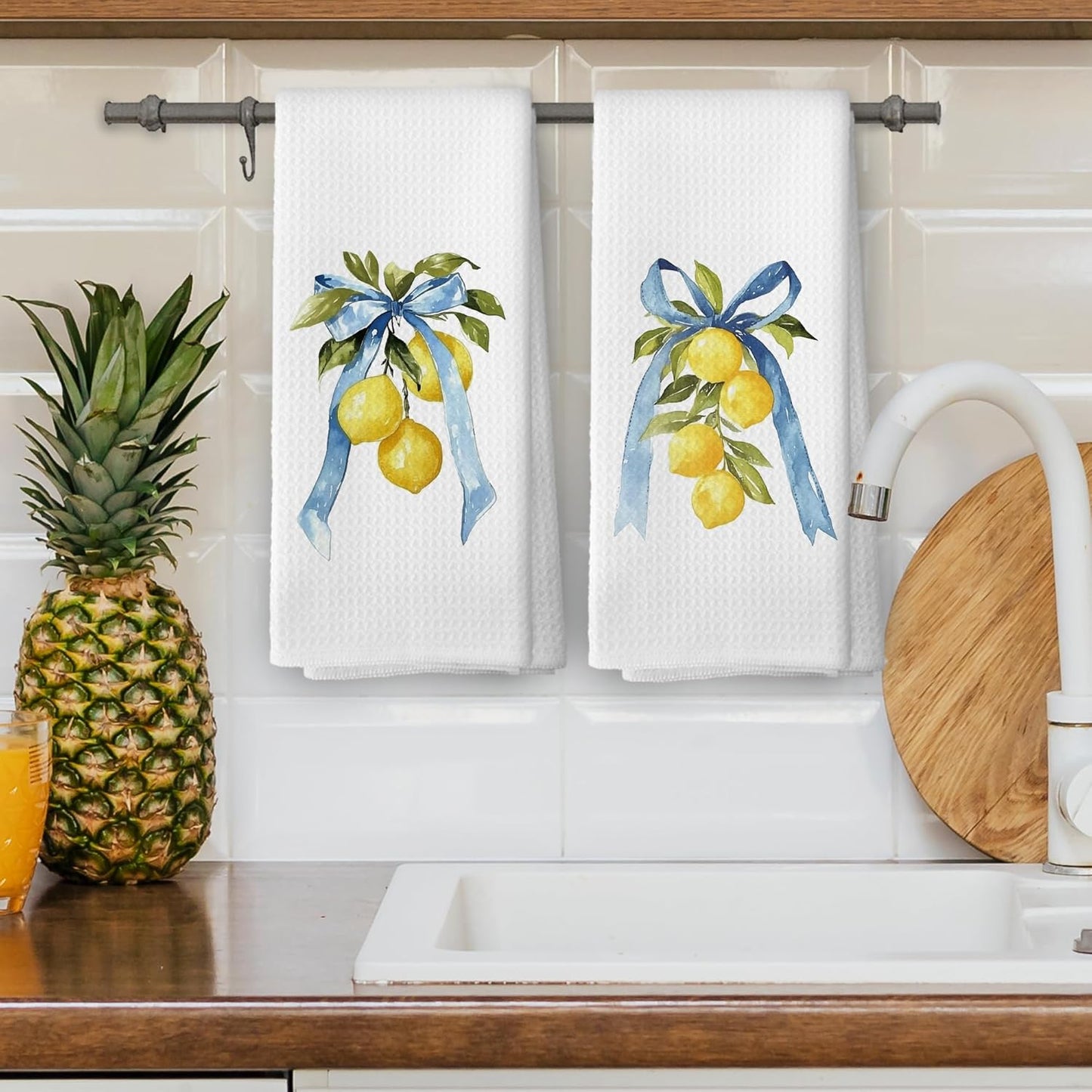 Coquette Blue Bow Yellow Lemon Kitchen Dish Towels Set of 2, Preppy Fruit Summer Spring Decor Accessories for Bathroom Home, Seasonal Hand Towels Kitchen Tea Towels Decorations, 16x24inch