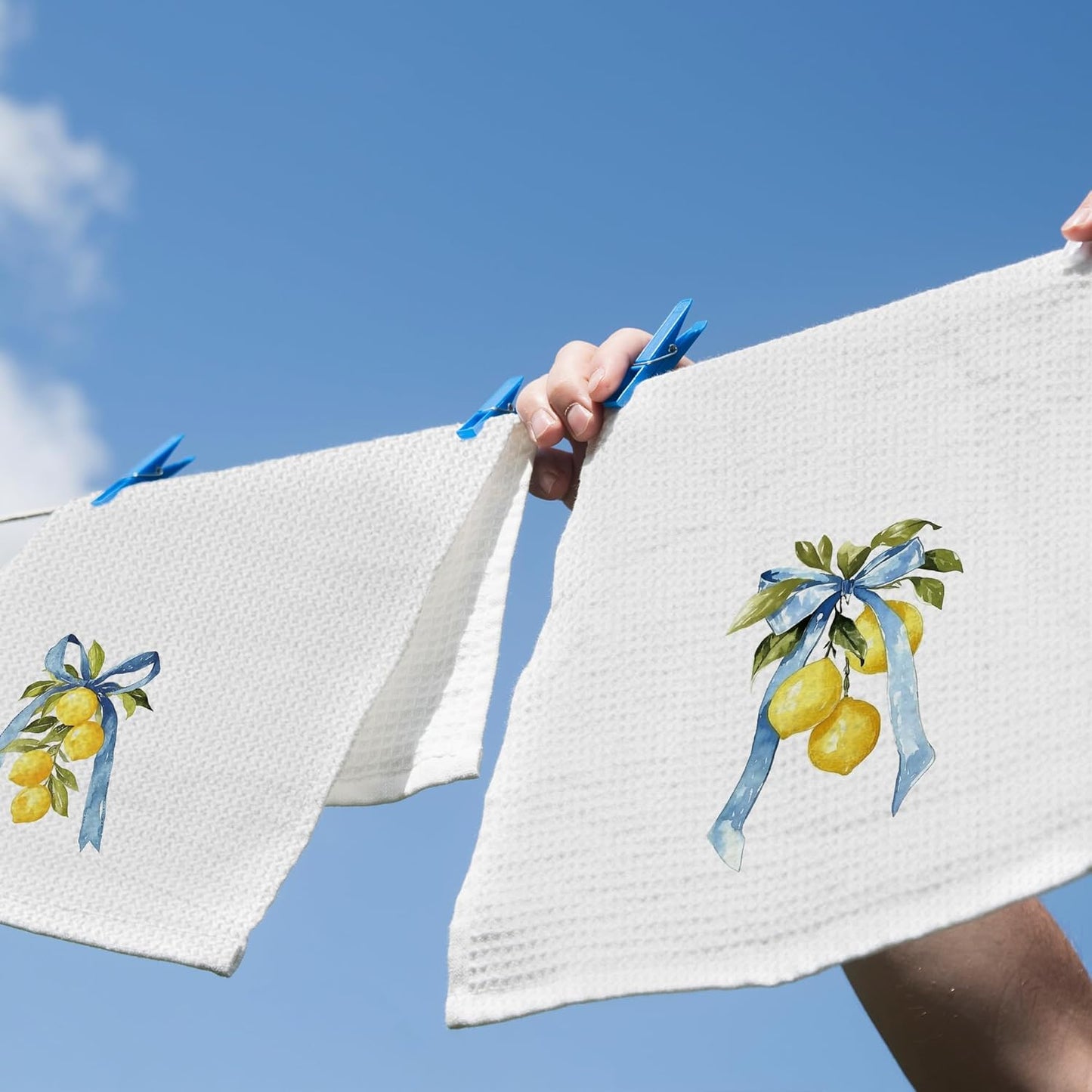 Coquette Blue Bow Yellow Lemon Kitchen Dish Towels Set of 2, Preppy Fruit Summer Spring Decor Accessories for Bathroom Home, Seasonal Hand Towels Kitchen Tea Towels Decorations, 16x24inch