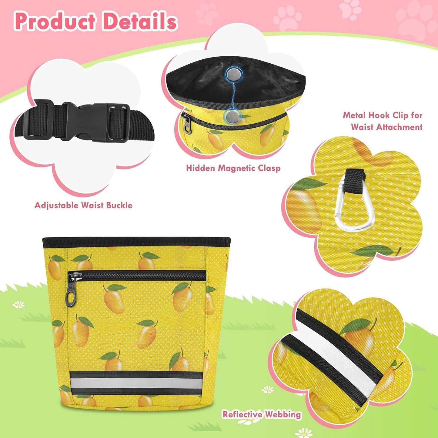 Fruit Mango Yellow Dog Treat Pouch for Pet Training Puppy Treat Bag | with Magnetic Closure, Water-Resistant, 1.7L Capacity, Hands-Free, Adjustable Shoulder Straps, for Night Walks
