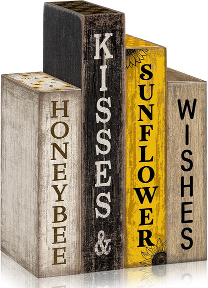4 Pcs Summer Table Decoration Wooden Book Sunflower Decoration Yellow and Black Summer Tiered Tray Decor Wood Book Stack Farmhouse for Home Shelf Coffee Table