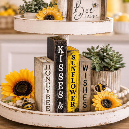 4 Pcs Summer Table Decoration Wooden Book Sunflower Decoration Yellow and Black Summer Tiered Tray Decor Wood Book Stack Farmhouse for Home Shelf Coffee Table