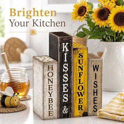 4 Pcs Summer Table Decoration Wooden Book Sunflower Decoration Yellow and Black Summer Tiered Tray Decor Wood Book Stack Farmhouse for Home Shelf Coffee Table