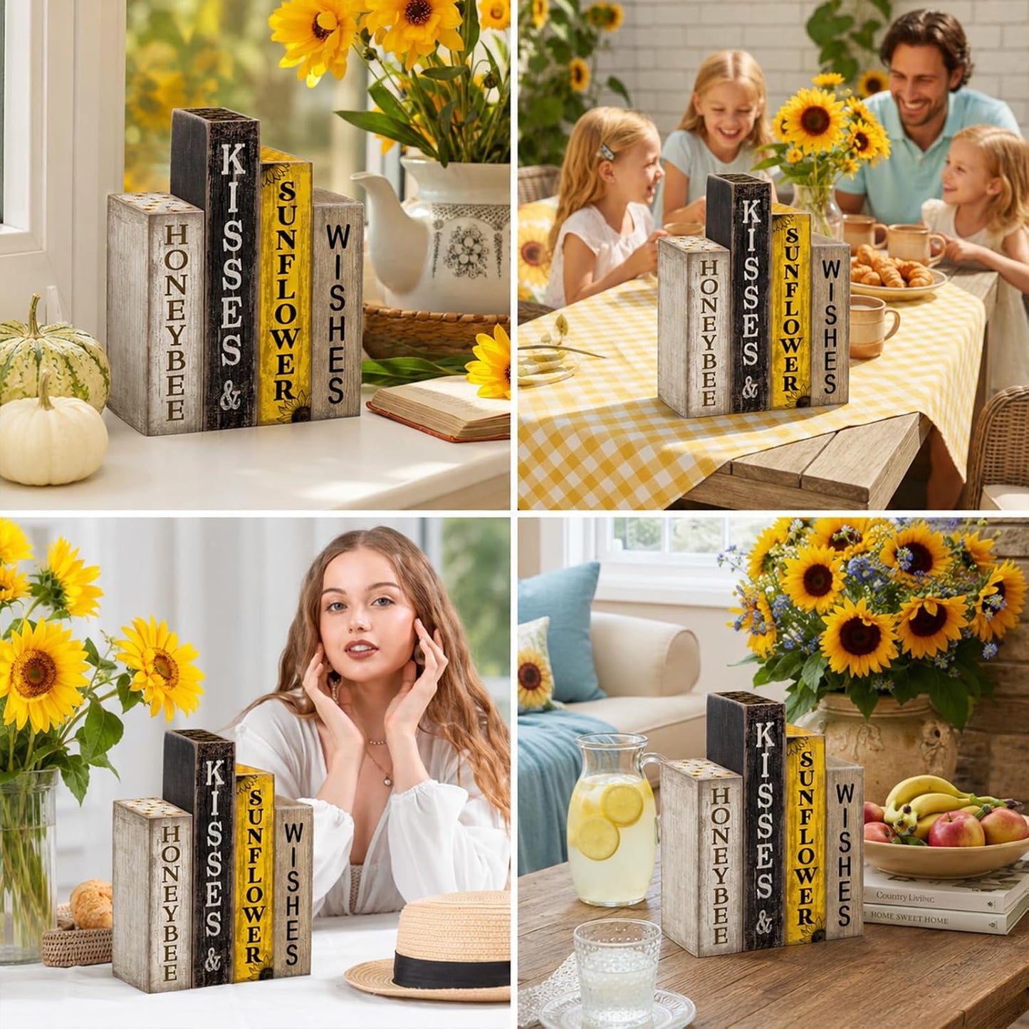 4 Pcs Summer Table Decoration Wooden Book Sunflower Decoration Yellow and Black Summer Tiered Tray Decor Wood Book Stack Farmhouse for Home Shelf Coffee Table