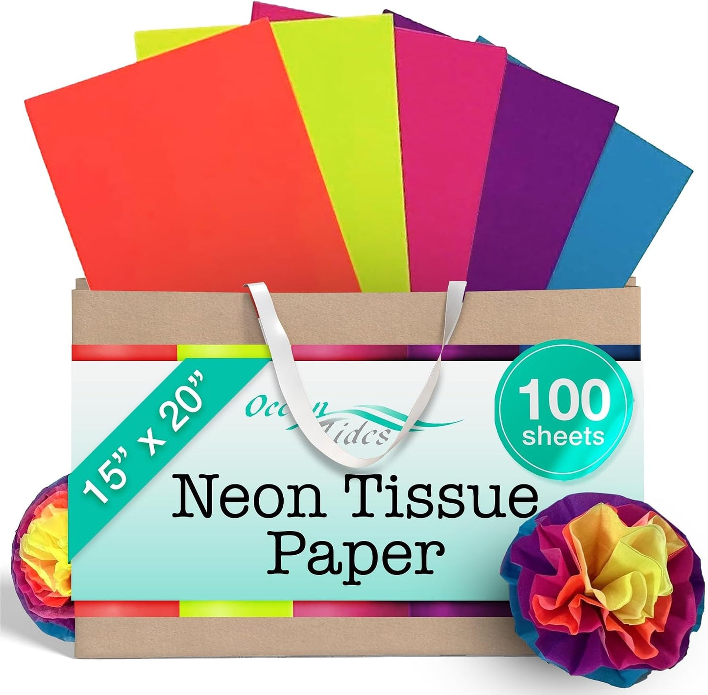 Tissue Paper for Gift Bags - Neon, 100 Sheets 14x20in Wrapping Paper | Premium Gift Wrap Tissue Paper for DIY Crafts - Birthday Party, Wedding, Holidays, Flower Decorations & Custom Art Projects