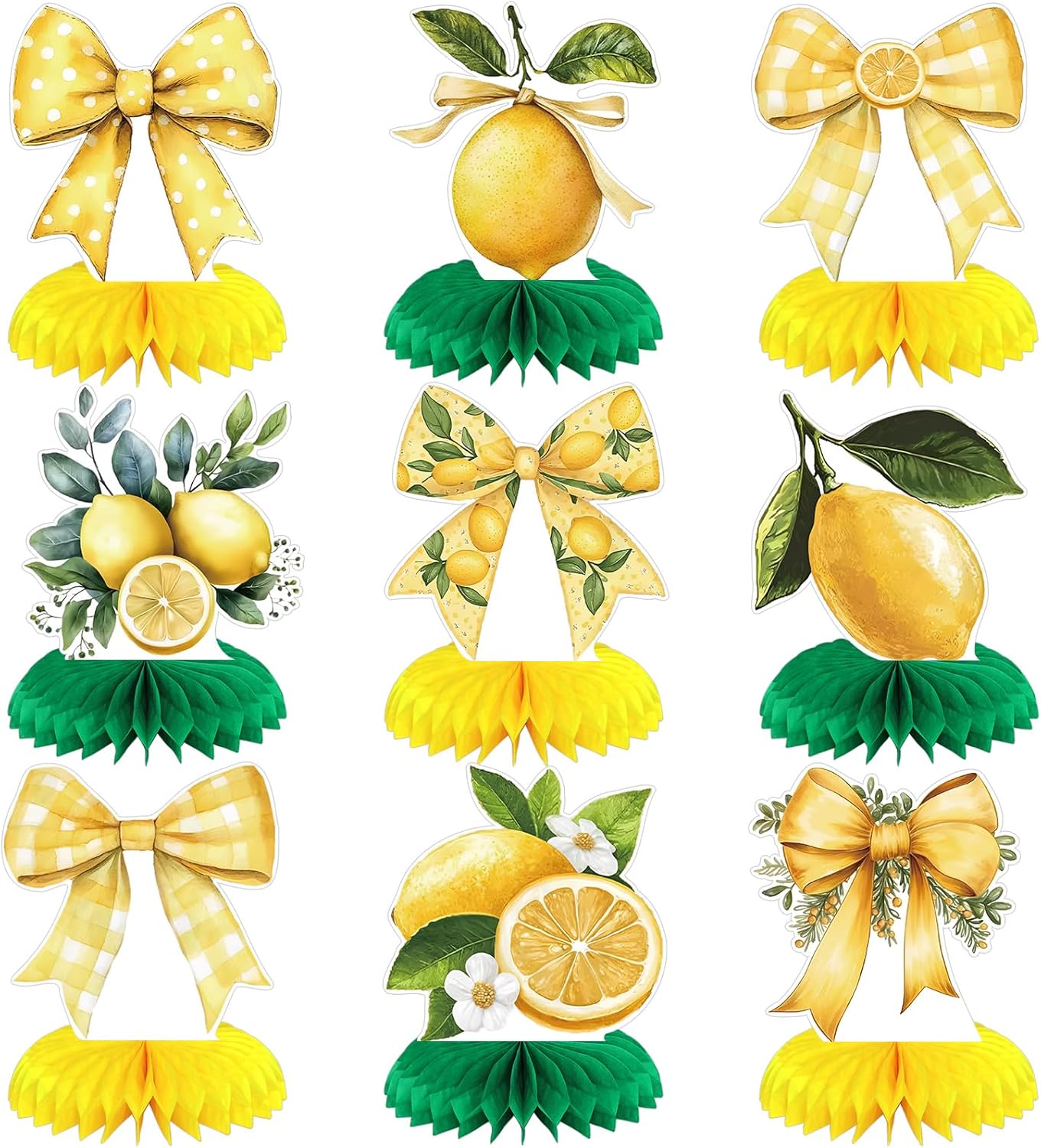 9 Pcs Lemon Party Decorations Honeycomb Centerpieces Coquette Lemon Bow Table Toppers Amalfi Coast Party Decorations for Summer Birthday Supplies