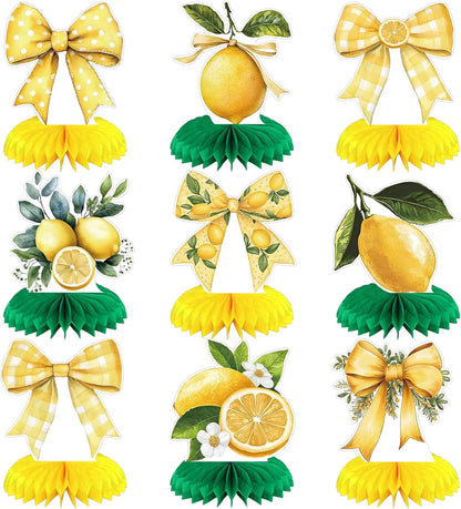 9 Pcs Lemon Party Decorations Honeycomb Centerpieces Coquette Lemon Bow Table Toppers Amalfi Coast Party Decorations for Summer Birthday Supplies
