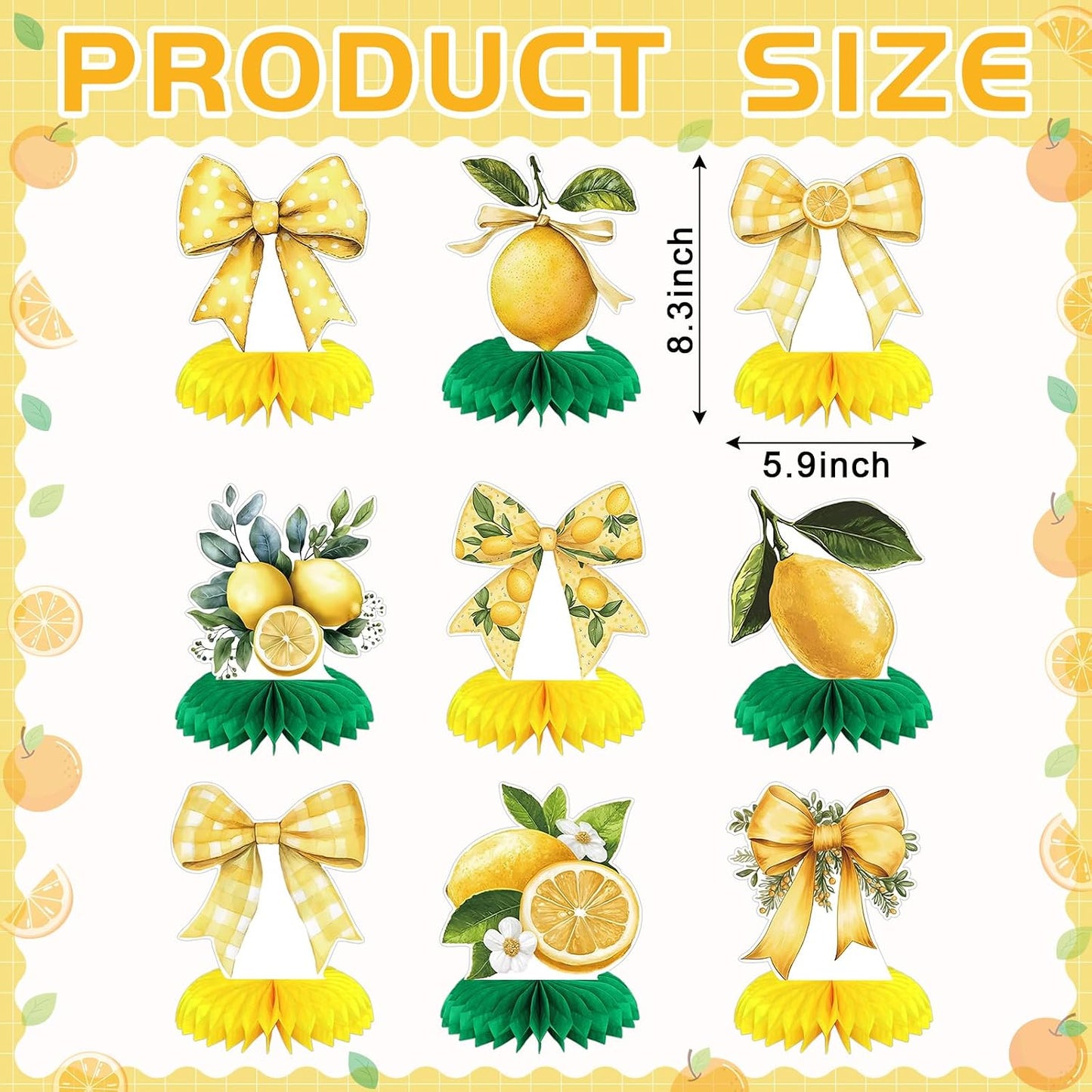 9 Pcs Lemon Party Decorations Honeycomb Centerpieces Coquette Lemon Bow Table Toppers Amalfi Coast Party Decorations for Summer Birthday Supplies