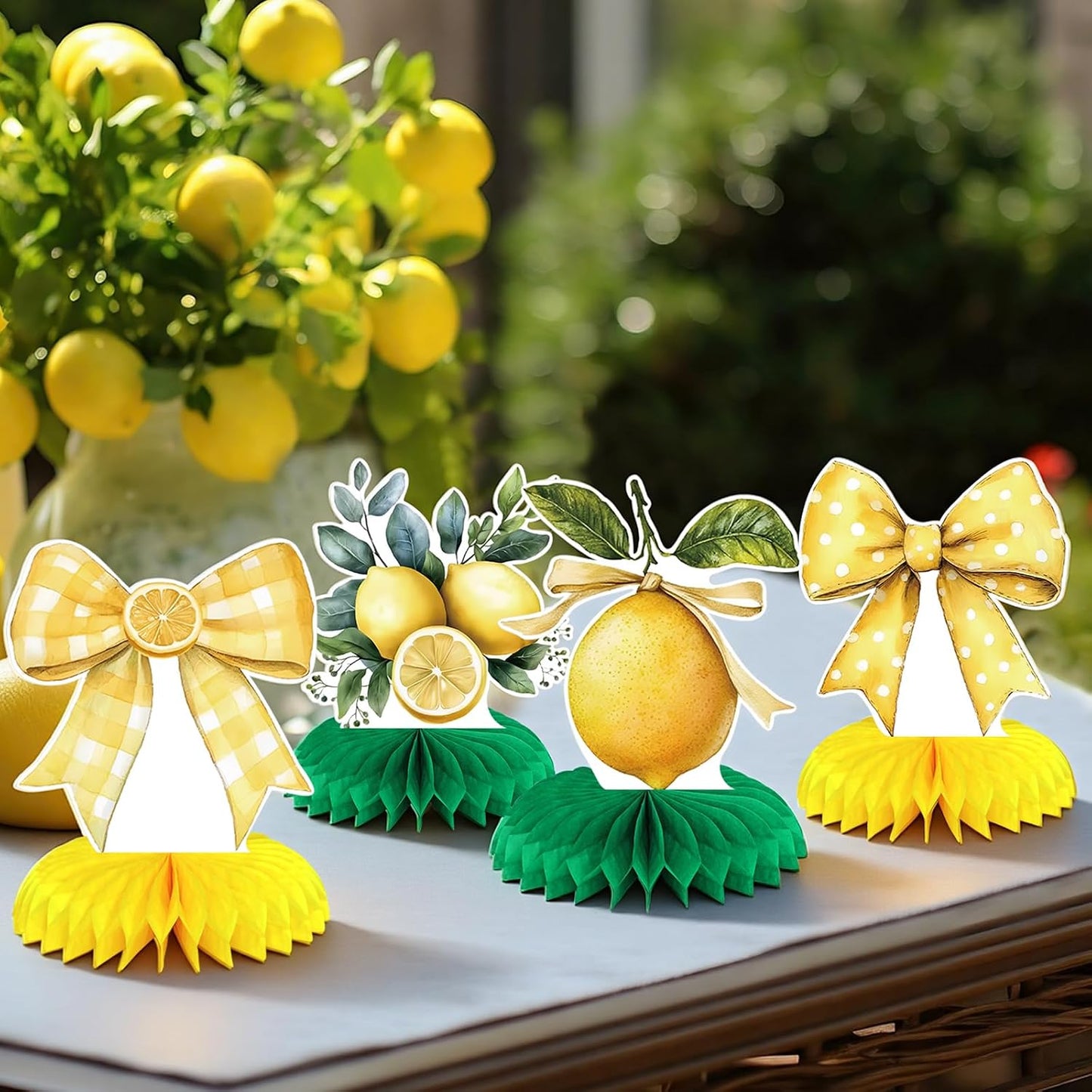 9 Pcs Lemon Party Decorations Honeycomb Centerpieces Coquette Lemon Bow Table Toppers Amalfi Coast Party Decorations for Summer Birthday Supplies