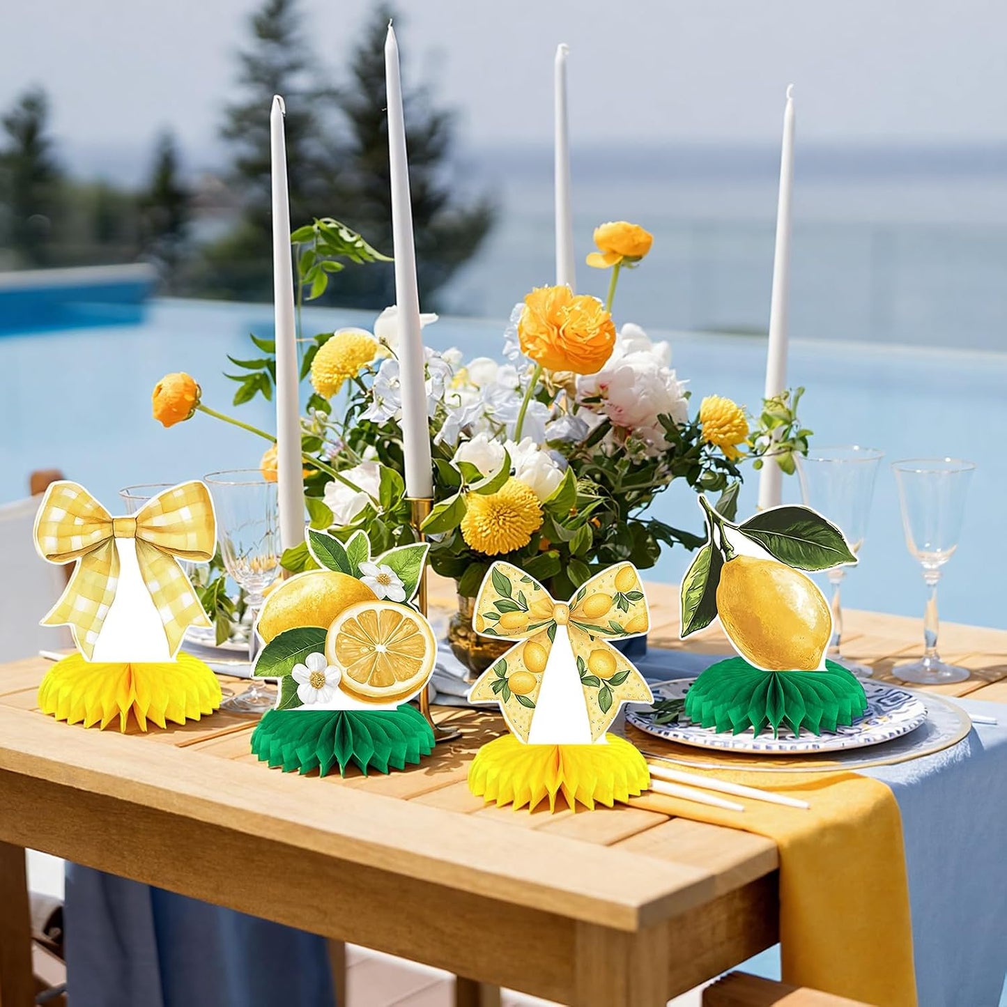 9 Pcs Lemon Party Decorations Honeycomb Centerpieces Coquette Lemon Bow Table Toppers Amalfi Coast Party Decorations for Summer Birthday Supplies