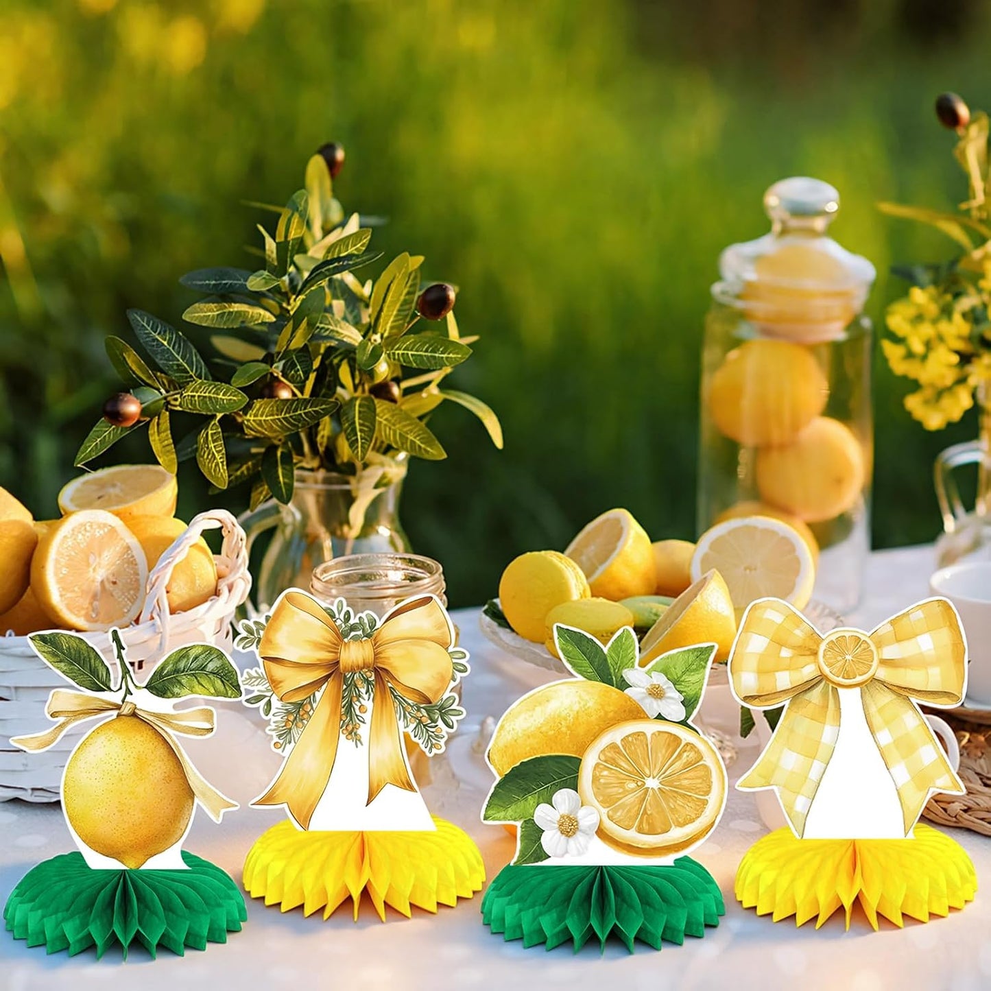 9 Pcs Lemon Party Decorations Honeycomb Centerpieces Coquette Lemon Bow Table Toppers Amalfi Coast Party Decorations for Summer Birthday Supplies