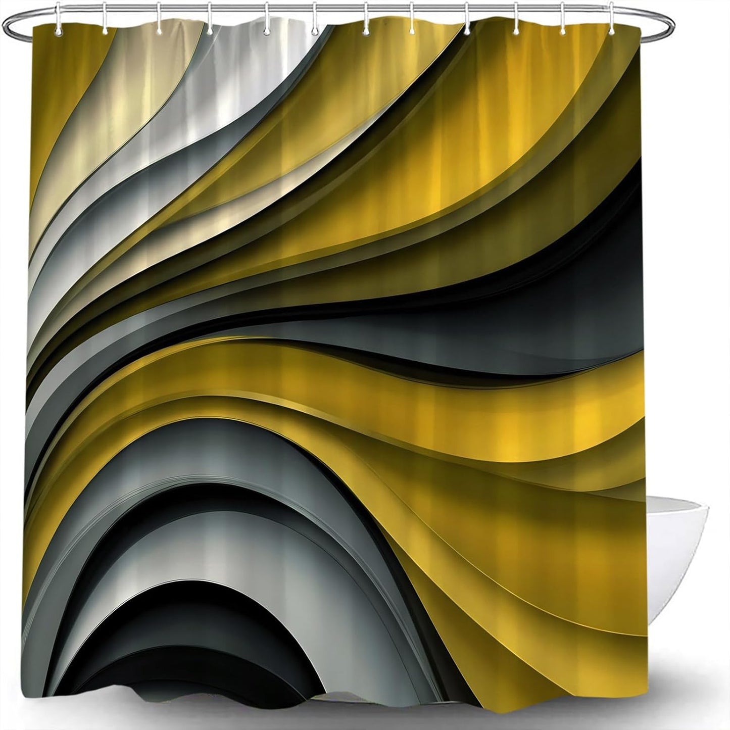 Modern Geometric Shower Curtain Abstract Yellow Black Gray Stripes Geometric Line Circle Aesthetic Vintage Mid Century Fashion Fabric Bathroom Curtain Set with Hook