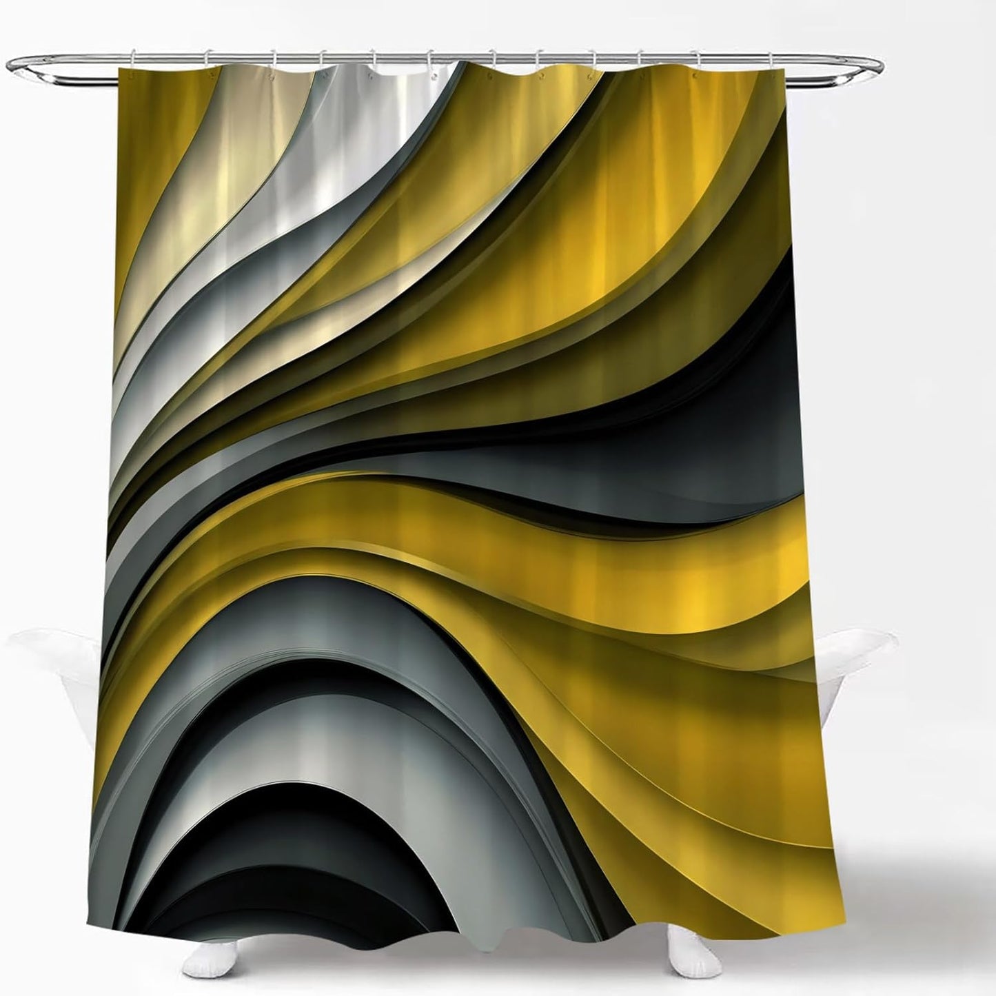 Modern Geometric Shower Curtain Abstract Yellow Black Gray Stripes Geometric Line Circle Aesthetic Vintage Mid Century Fashion Fabric Bathroom Curtain Set with Hook