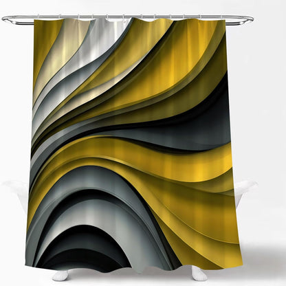 Modern Geometric Shower Curtain Abstract Yellow Black Gray Stripes Geometric Line Circle Aesthetic Vintage Mid Century Fashion Fabric Bathroom Curtain Set with Hook