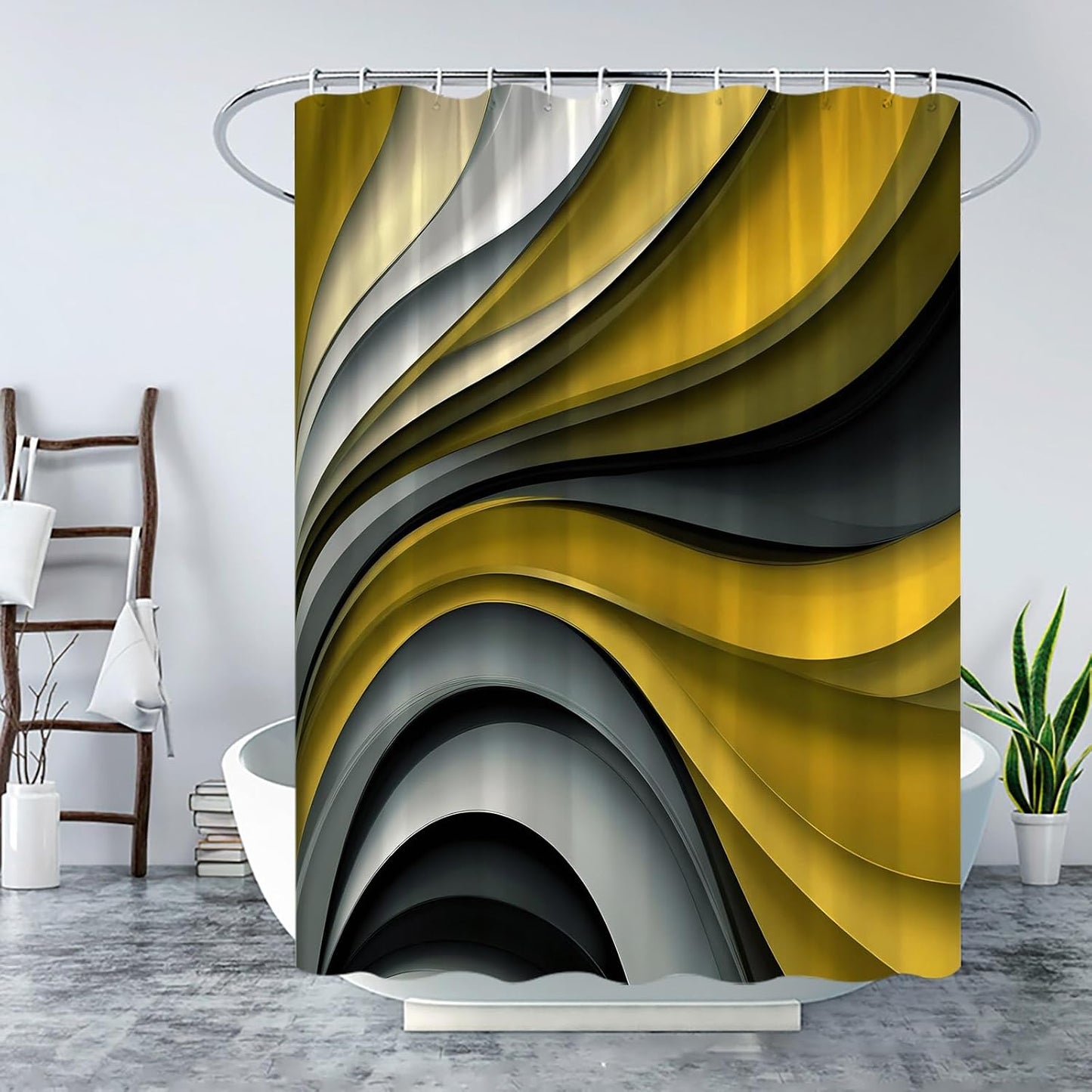 Modern Geometric Shower Curtain Abstract Yellow Black Gray Stripes Geometric Line Circle Aesthetic Vintage Mid Century Fashion Fabric Bathroom Curtain Set with Hook