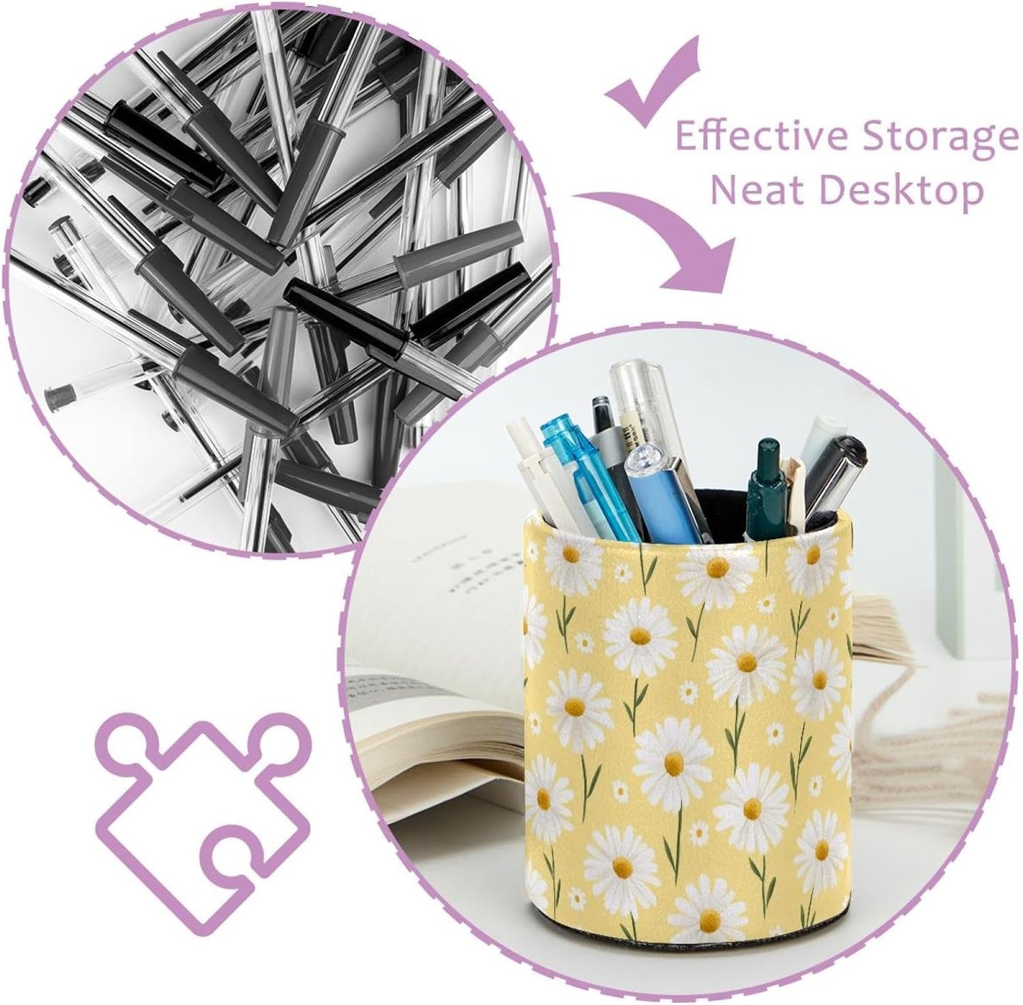 PVC Pen Holder Cup for Desk, Light Yellow Daisy Pencil Cup for Desk Pen Organizer, Makeup Brush Holder for School, Home, Office