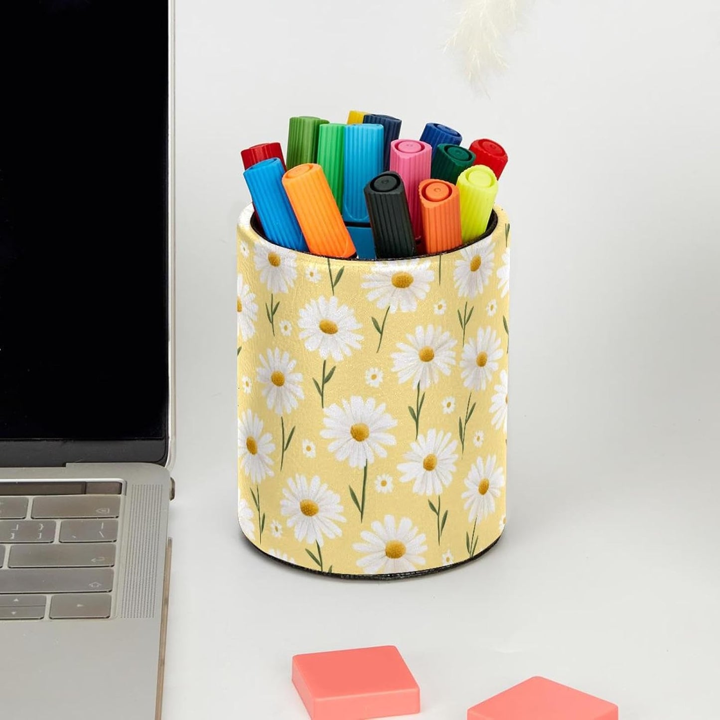 PVC Pen Holder Cup for Desk, Light Yellow Daisy Pencil Cup for Desk Pen Organizer, Makeup Brush Holder for School, Home, Office