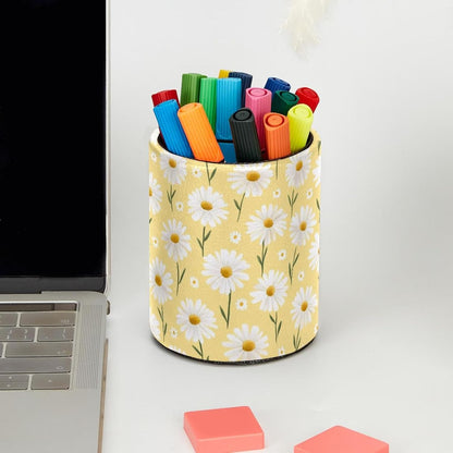 PVC Pen Holder Cup for Desk, Light Yellow Daisy Pencil Cup for Desk Pen Organizer, Makeup Brush Holder for School, Home, Office