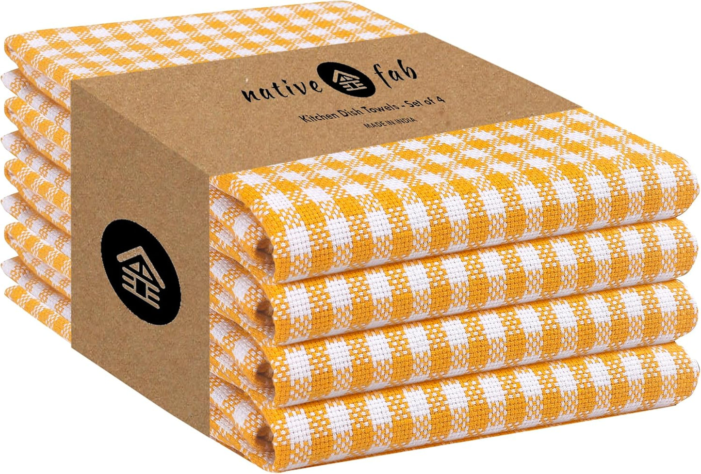 4 Pack Yellow Gingham Cotton Dish Towels 16"x26" - Absorbent Kitchen Linen Towels with Hanging Loop, Dishcloths Set for Drying Dishes, Cleaning Hand Towels, Mustard Yellow White