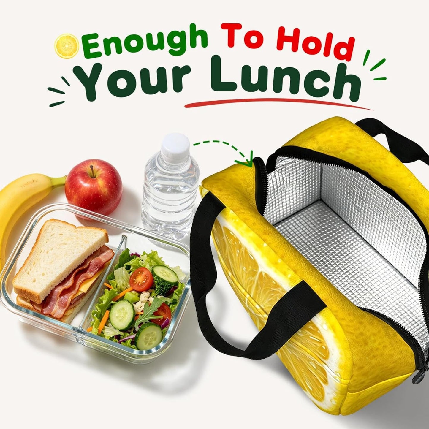 Cute Women Lemon Insulated Lunch Bag,Portable Compact Lunch Tote | Lemon print adds a bright, refreshing look, Suitable for work, office, travel and daily use, Aesthetic gift idea for women
