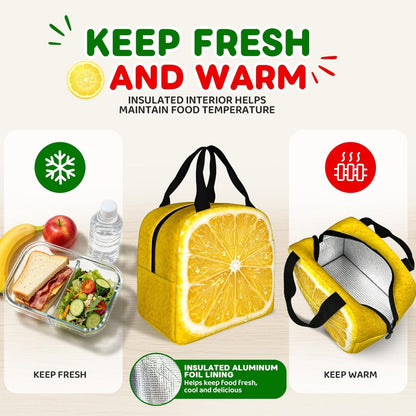 Cute Women Lemon Insulated Lunch Bag,Portable Compact Lunch Tote | Lemon print adds a bright, refreshing look, Suitable for work, office, travel and daily use, Aesthetic gift idea for women