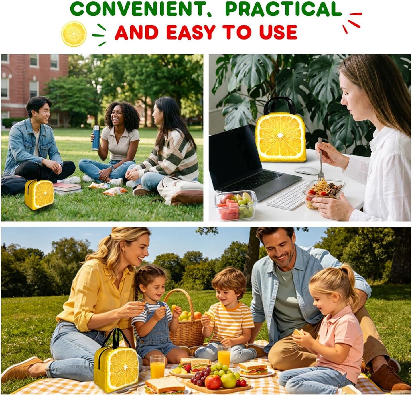 Cute Women Lemon Insulated Lunch Bag,Portable Compact Lunch Tote | Lemon print adds a bright, refreshing look, Suitable for work, office, travel and daily use, Aesthetic gift idea for women