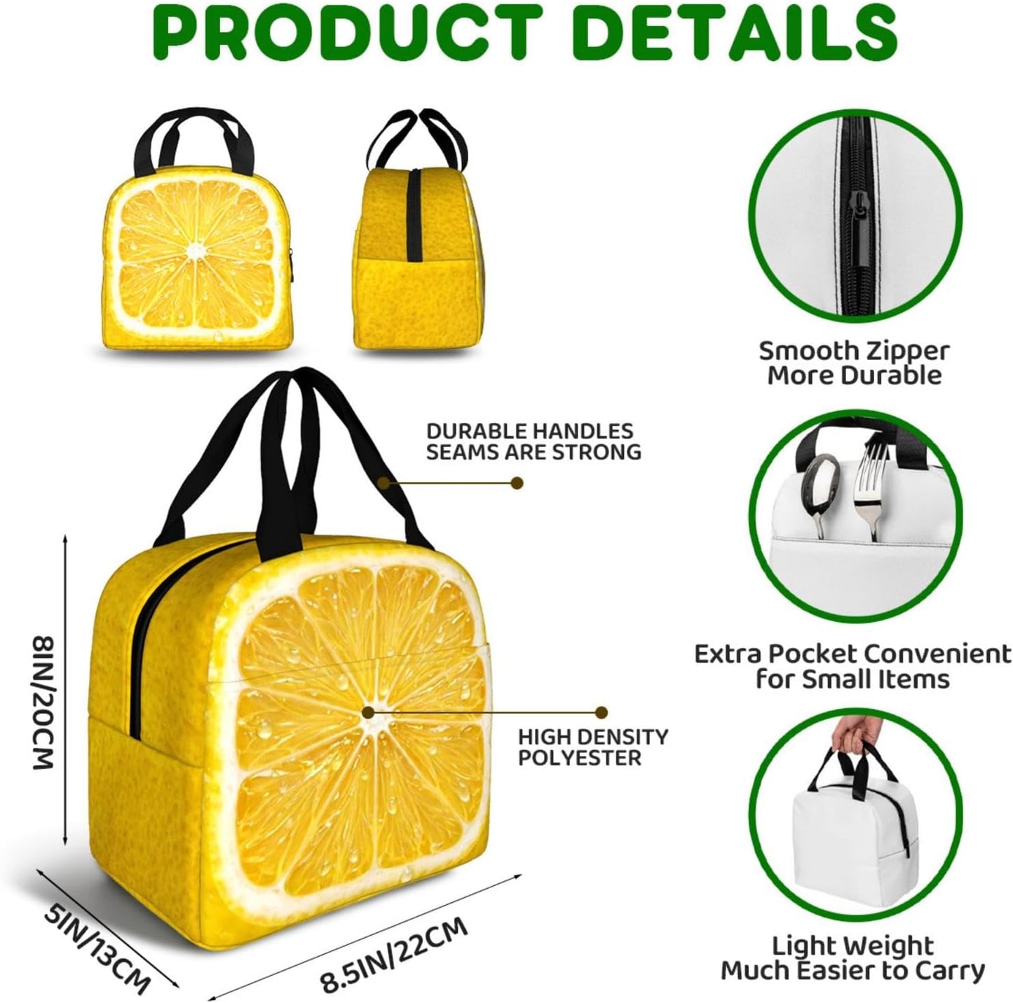 Cute Women Lemon Insulated Lunch Bag,Portable Compact Lunch Tote | Lemon print adds a bright, refreshing look, Suitable for work, office, travel and daily use, Aesthetic gift idea for women