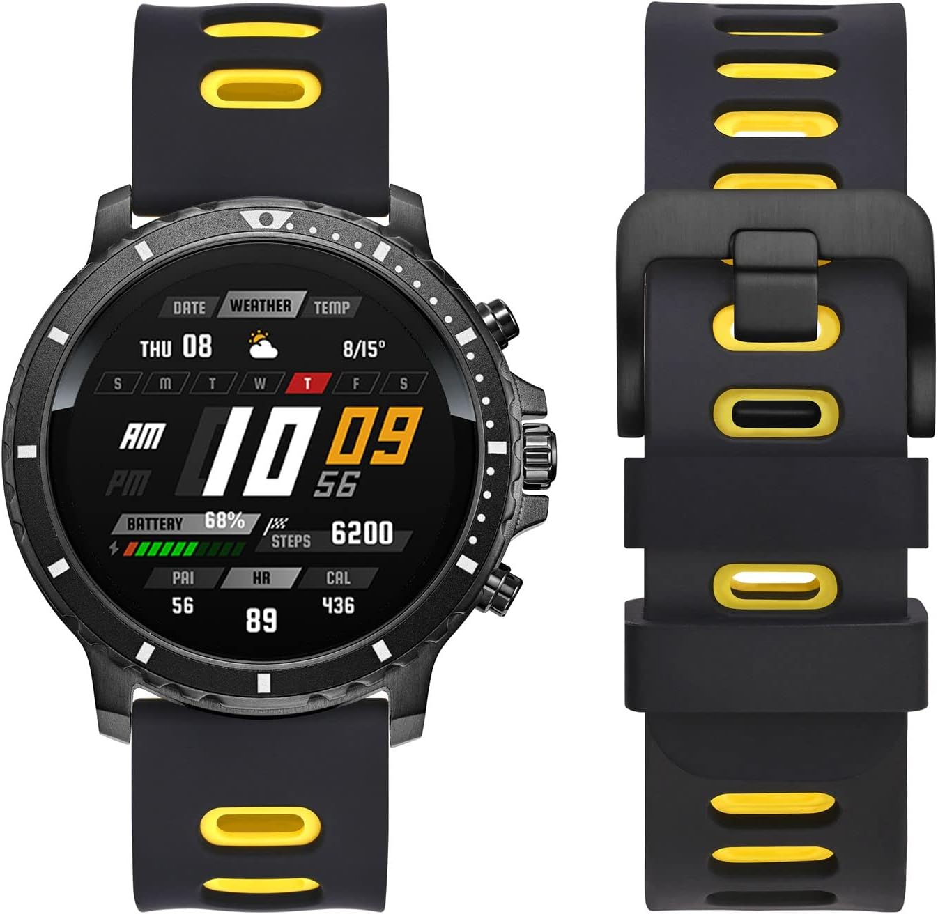 WOCCI 18mm Bicolor Watch Band, Silicone Rubber, Quick Release Replacement Strap for Men and Women, Black Stainless Steel Buckle (Black-Yellow)