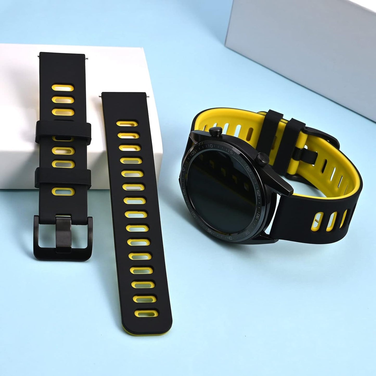 WOCCI 18mm Bicolor Watch Band, Silicone Rubber, Quick Release Replacement Strap for Men and Women, Black Stainless Steel Buckle (Black-Yellow)