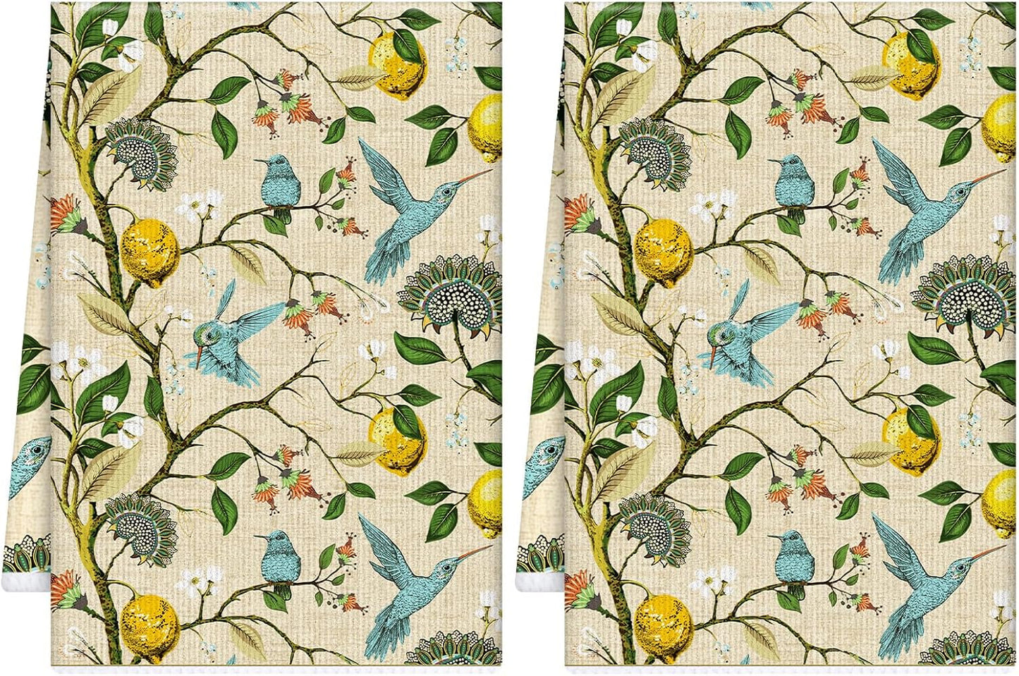 Microfiber Kitchen Towels Set of 2, Reusable 16"x24" Dish Towels with Hanging Loop, Cute Tea Kitchen Towels for Home Decorations Housewarming Gift (Lemon and Bird)